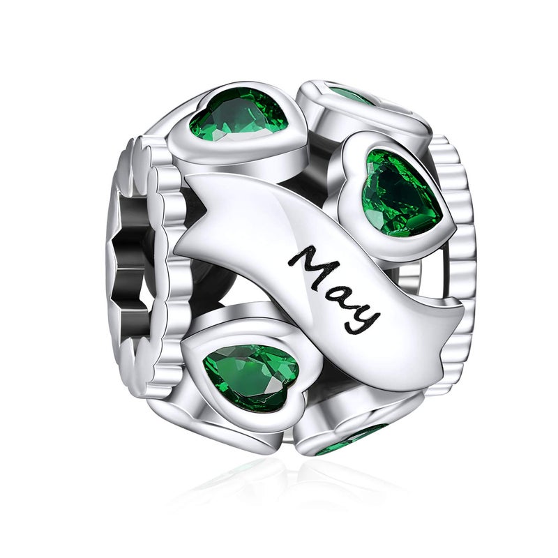 NINGAN May Birthstone Charms 925 Sterling Silver Love Heart Openwork Bead for Charm Bracelets and Necklaces with 5A Cubic Zirconia, Birthday Mothers Day Jewelry Gifts Women